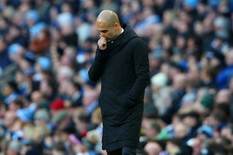MANCHESTER, ENGLAND - NOVEMBER 05:  Josep Guardiola, Manager of Manchester City reacts during the Premier League match between Manchester City and Middlesbrough at Etihad Stadium on November 5, 2016 in Manchester, England.  (Photo by Alex Livesey/Getty Im