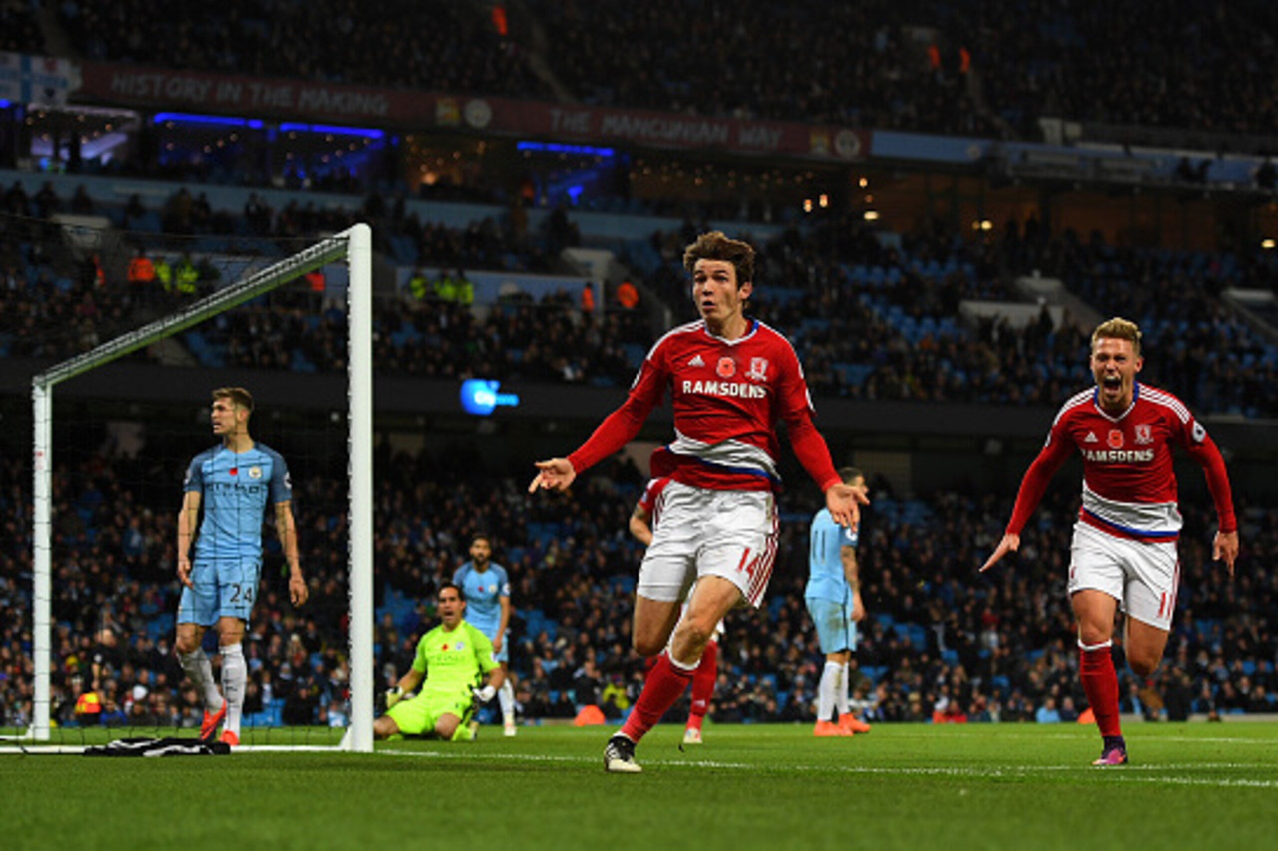 MANCHESTER, ENGLAND - NOVEMBER 05: Marten de Roon of Middlesbrough celebrates scoring  the equalising goal during the Premier League match between Manchester City and Middlesbrough at Etihad Stadium on November 5, 2016 in Manchester, England.  (Photo by L