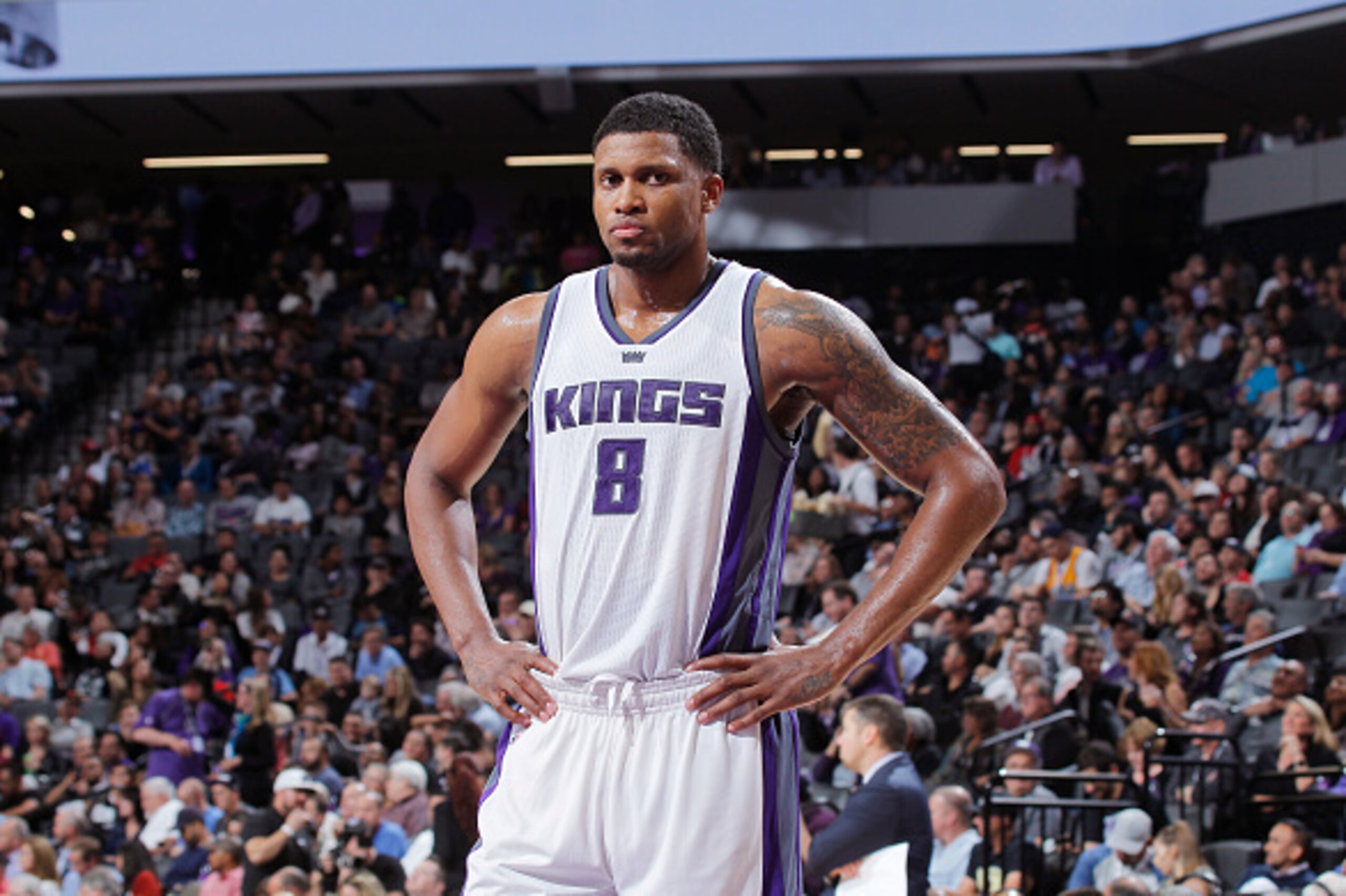 SACRAMENTO, CA - NOVEMBER 8: Rudy Gay #8 of the Sacramento Kings looks on during the game against the New Orleans Pelicans on November 8, 2016 at Golden 1 Center in Sacramento, California. NOTE TO USER: User expressly acknowledges and agrees that, by down SACRAMENTO, CA - NOVEMBER 8: Rudy Gay #8 of the Sacramento Kings looks on during the game against the New Orleans Pelicans on November 8, 2016 at Golden 1 Center in Sacramento, California. NOTE TO USER: User expressly acknowledges and agrees that, by down
