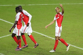 Monaco's Brazilian defender Fabinho (R) celebrates after scoring a goal during the French L1 football match Monaco (ASM) vs Nancy (ASNL) on November 5, 2016 at the 'Louis II Stadium' in Monaco.   / AFP / VALERY HACHE        (Photo credit should read VALER