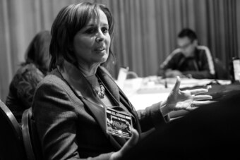 Kathy Duva addresses her team in Las Vegas.