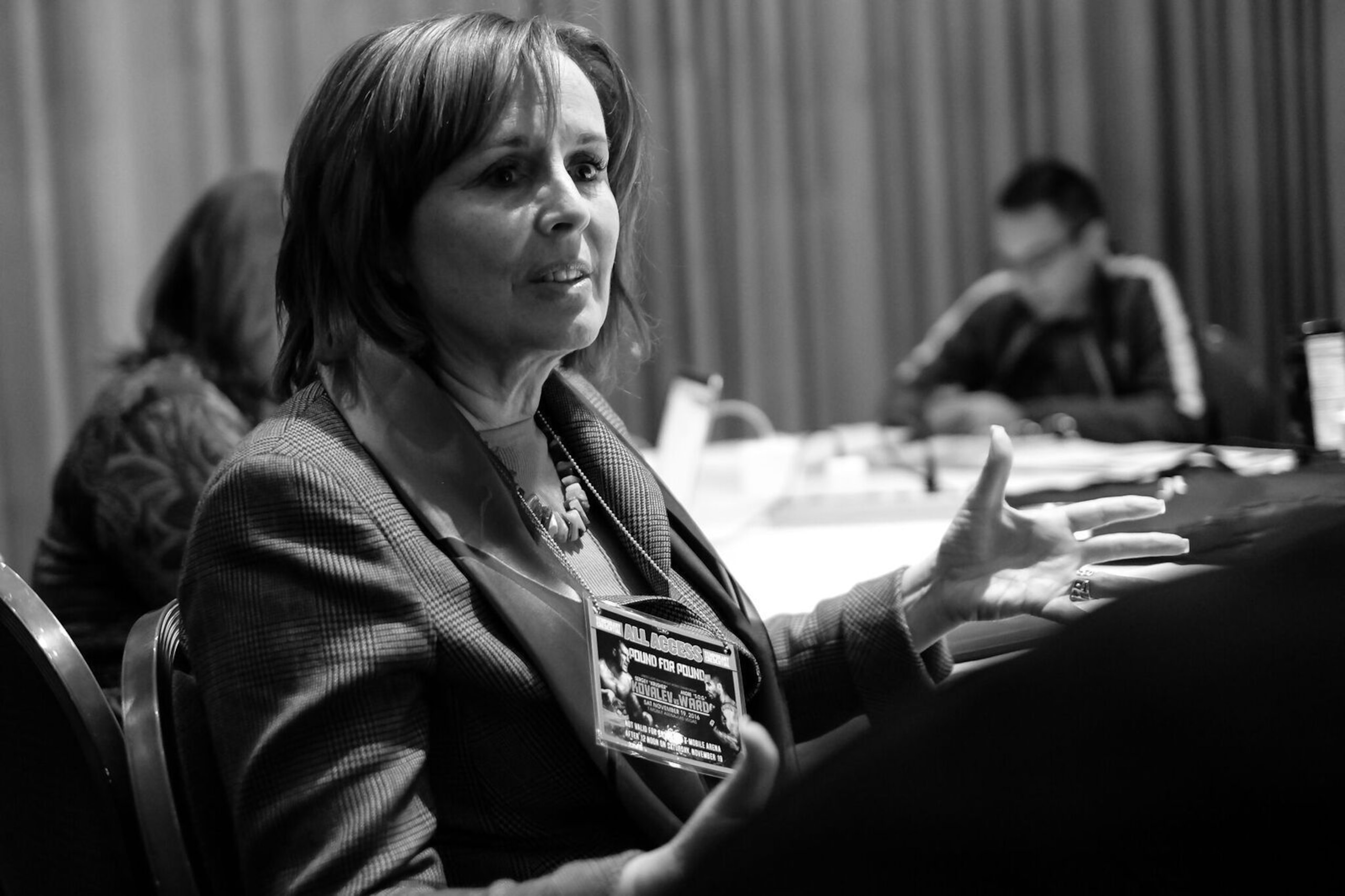Kathy Duva addresses her team in Las Vegas.