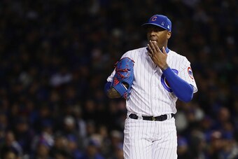 CHICAGO, IL - OCTOBER 30:  Aroldis Chapman #54 of the Chicago Cubs pitches in the eighth inning against the Cleveland Indians in Game Five of the 2016 World Series at Wrigley Field on October 30, 2016 in Chicago, Illinois.  (Photo by Jonathan Daniel/Getty