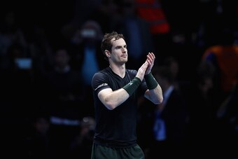LONDON, ENGLAND - NOVEMBER 16:  Andy Murray of Great Britain celebrates victory in the mens singles match against Kei Nishikori of Japan on day four of the ATP World Tour Finals at O2 Arena on November 16, 2016 in London, England.  (Photo by Clive Brunski
