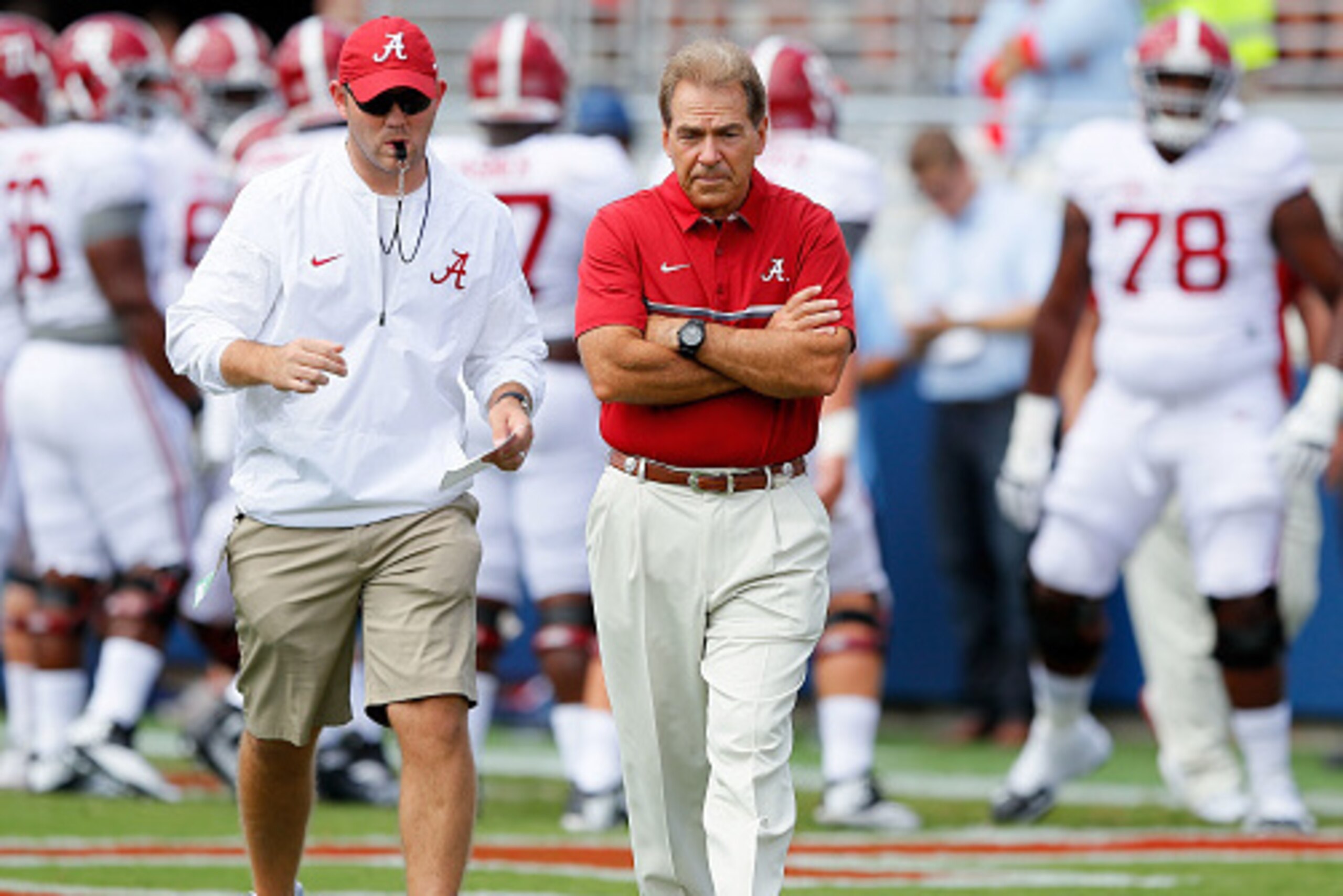 OXFORD, MS - SEPTEMBER 17:  Head coach Nick Saban of the Alabama Crimson Tide looks on during pregame warmups prior to facing the Mississippi Rebels at Vaught-Hemingway Stadium on September 17, 2016 in Oxford, Mississippi.  (Photo by Kevin C. Cox/Getty Im