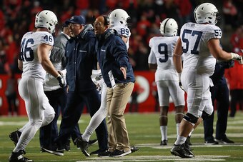 PISCATAWAY, NJ - NOVEMBER 19:  Head coach James Franklin of the Penn State Nittany Lions celebrates after a touchdown against the Rutgers Scarlet Knights during the second half at High Point Solutions Stadium on November 19, 2016 in Piscataway, New Jersey