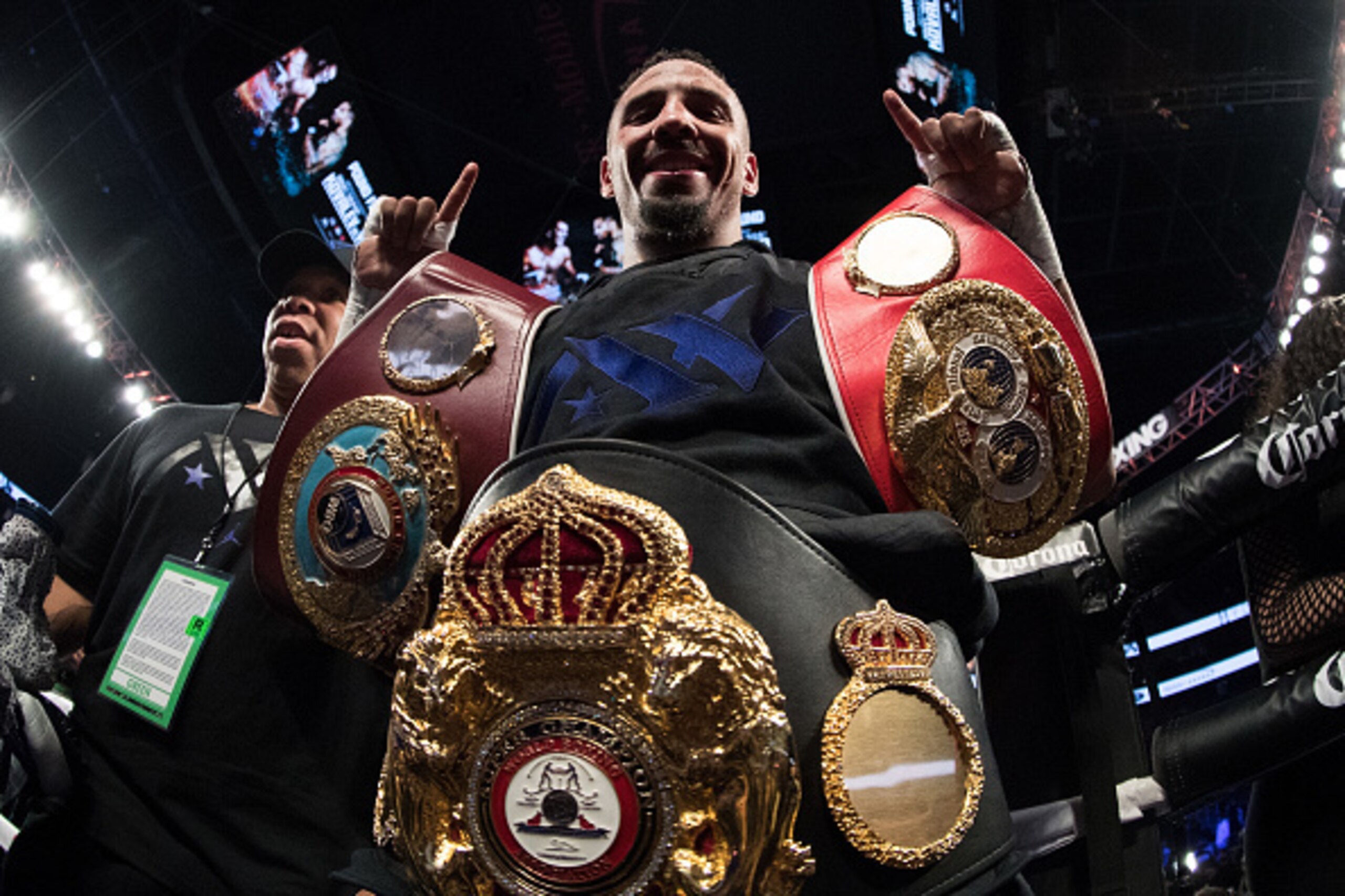 LAS VEGAS, NV - NOVEMBER 19:   Andre Ward celebrates after his unanimous-decision victory over Sergey Kovalev in their light heavyweight title bout at T-Mobile Arena on November 19, 2016 in Las Vegas, Nevada.  (Photo by Al Bello/Getty Images)