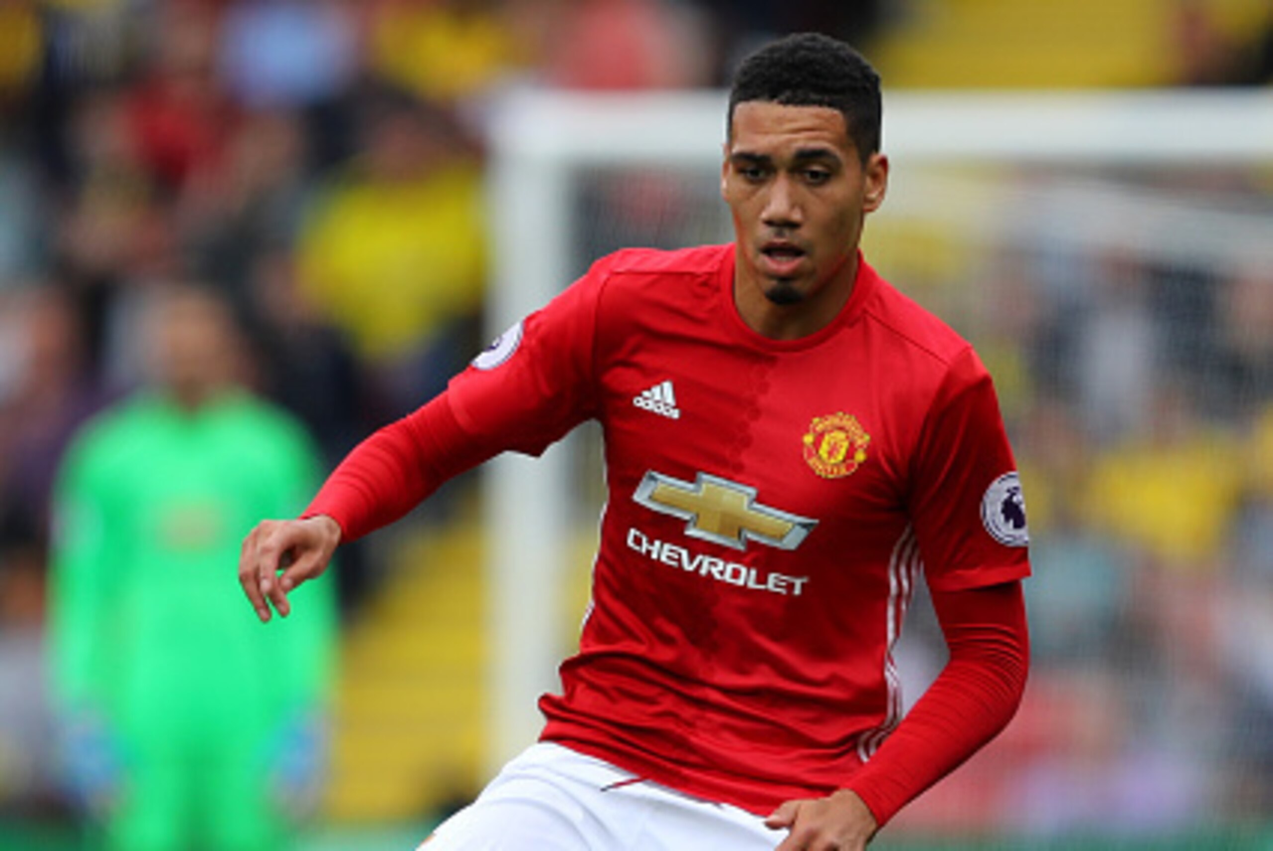 WATFORD, ENGLAND - SEPTEMBER 18:  Chris Smalling of Manchester United in action during the Premier League match between Watford and Manchester United at Vicarage Road on September 18, 2016 in Watford, England.  (Photo by Richard Heathcote/Getty Images)