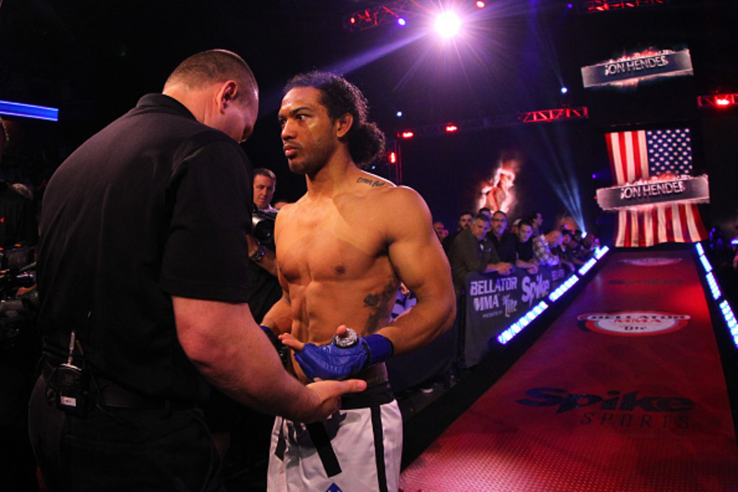 UNCASVILLE, CT - APRIL 22:  Benson Henderson walks to the cage for his bout against Bellator welterweight champion Andrey Koreshkov (not shown) at Mohegan Sun Arena on April 22, 2016 in Uncasville, Connecticut. (Photo by Ed Mulholland/Getty Images)