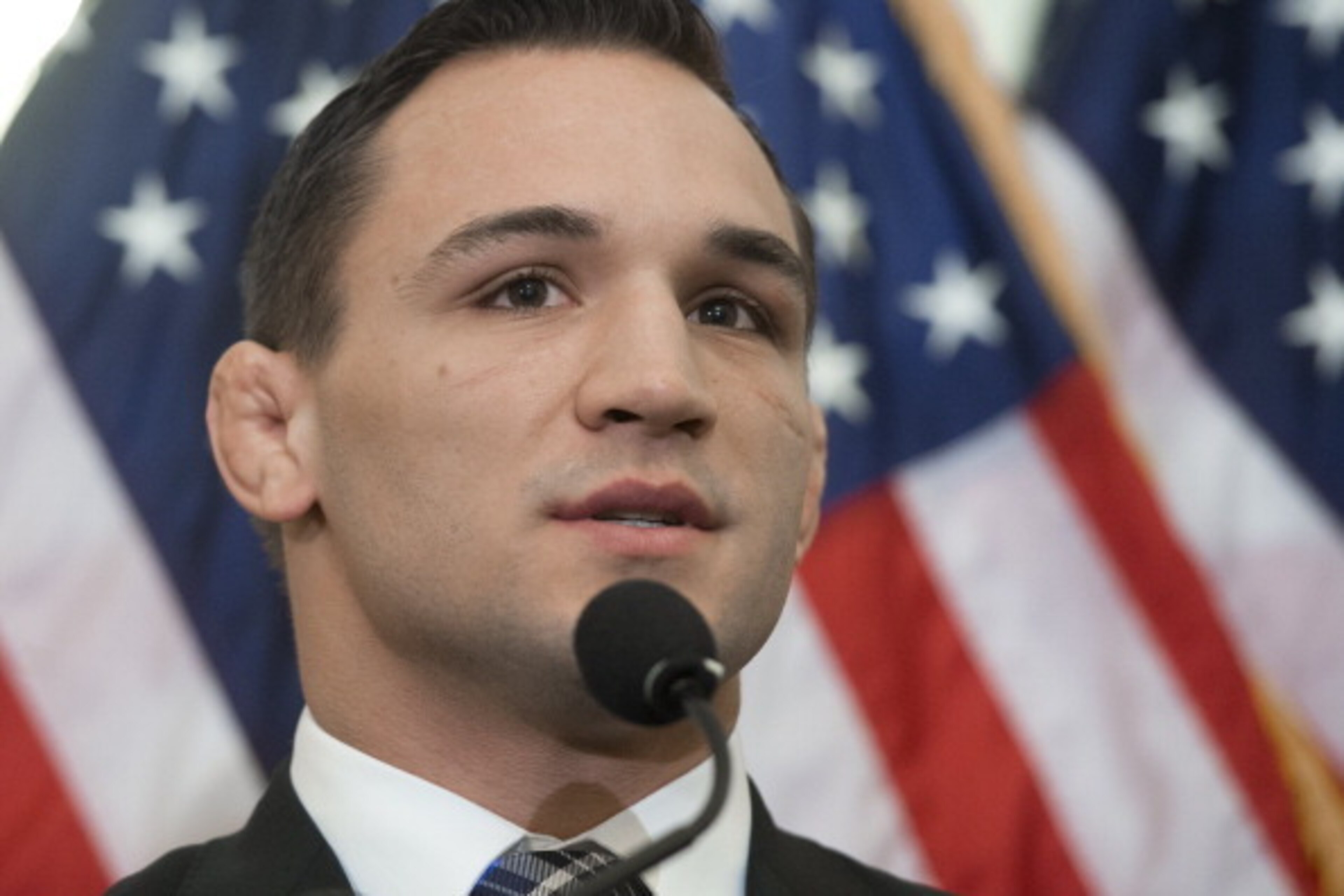 Former Bellator Mixed Martial Arts (MMA) lightweight champion Michael Chandler speaks during a press conference by professional boxing and fighting organizations as they pledge $600,000 in support of the Professional Fighters Brain Health Study by the Cle