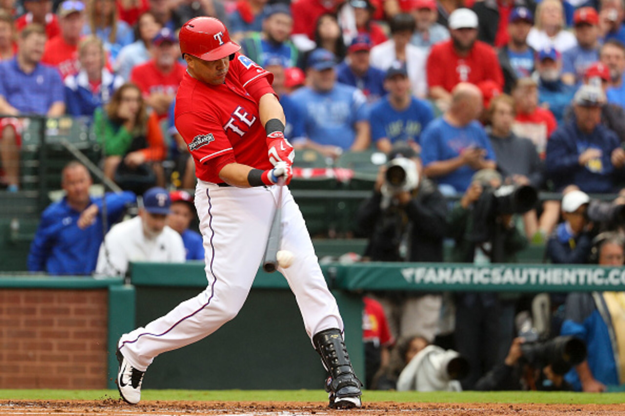 ARLINGTON, TX - OCTOBER 07:  Carlos Beltran #36 of the Texas Rangers hits a infield single against the Toronto Blue Jays during the first inning in game two of the American League Divison Series at Globe Life Park in Arlington on October 7, 2016 in Arling