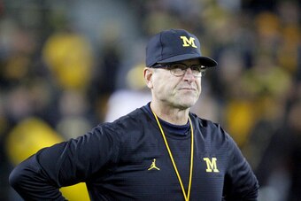 IOWA CITY, IOWA- NOVEMBER 12:  Head coach Jim Harbaugh of the Michigan Wolverines before the match-up against the Iowa Hawkeyes on November 12, 2016 at Kinnick Stadium in Iowa City, Iowa.  (Photo by Matthew Holst/Getty Images)