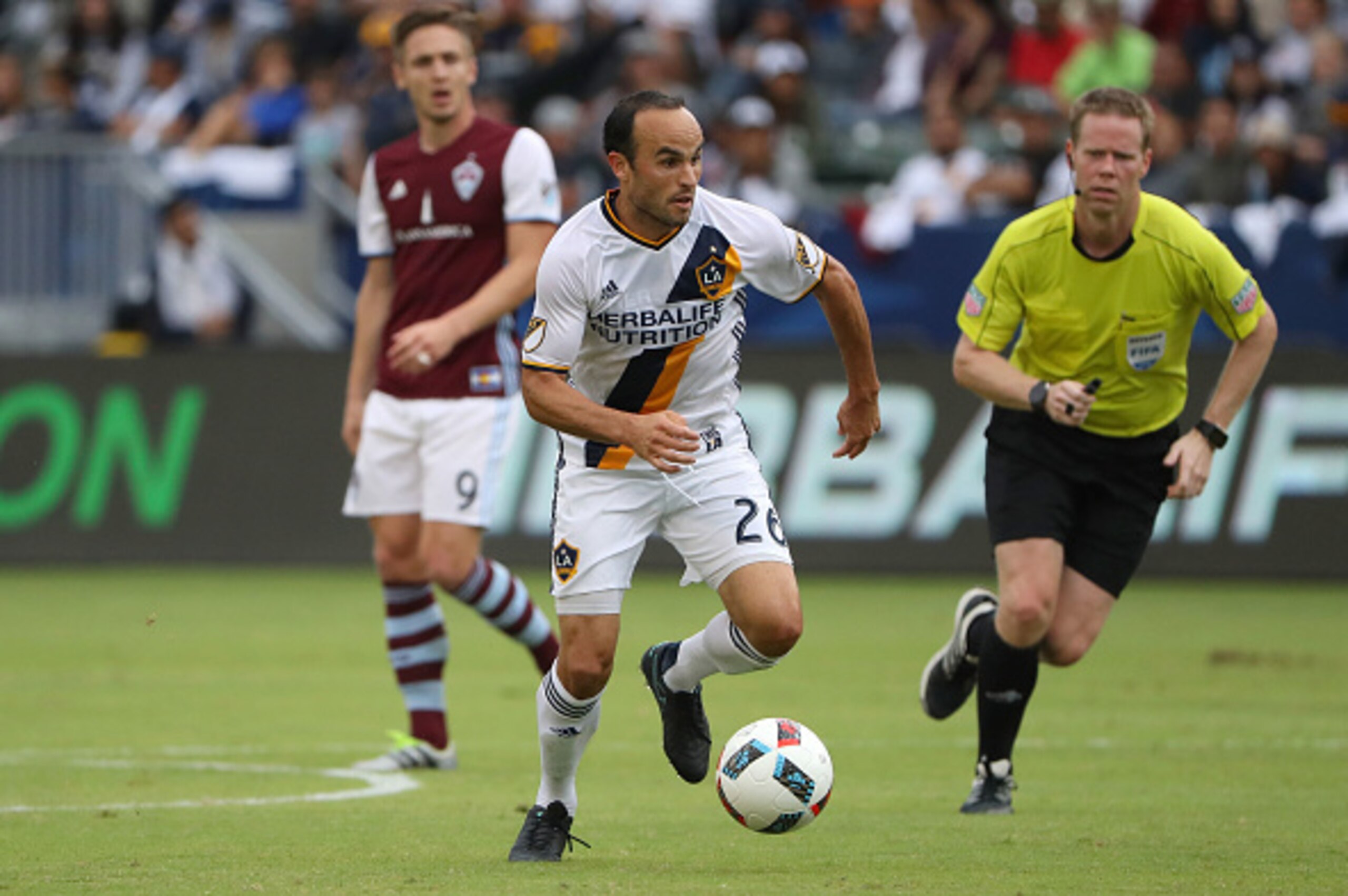 CARSON, CA - OCTOBER 30: Landon Donovan #26 of Los Angeles Galaxy starts the attack from midfield during leg one of the Audi 2016 MLS Cup Playoff Western Conference Semfinal between the Colorado Rapids and the Los Angeles Galaxy at StubHub Center on Octob