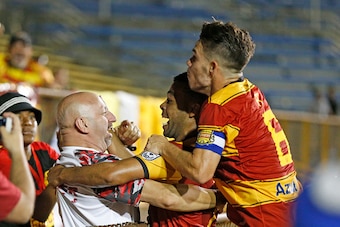 FORT LAUDERDALE, FL - JUNE 4: Geison Moura #7 celebrates his first half goal with a fan and PC #6 of the Fort Lauderdale Strikers against the New York Cosmos on June 4, 2016 at Lockhart Stadium in Fort Lauderdale, Florida. The Strikers defeated the Cosmos