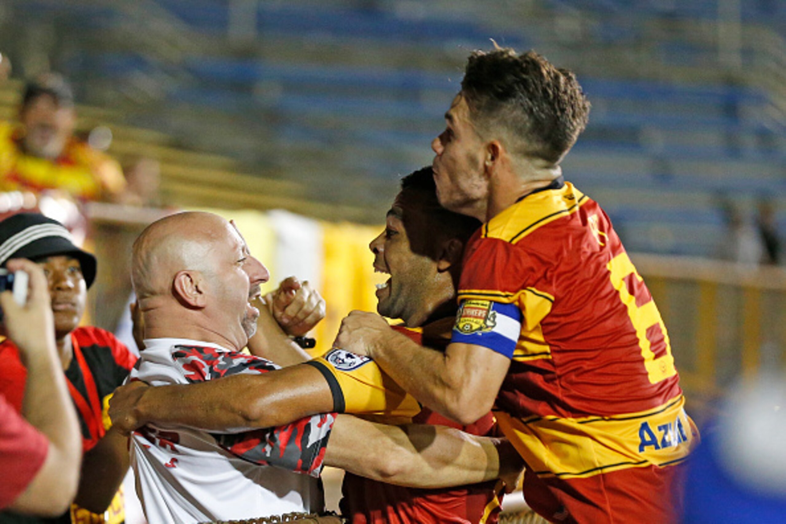 FORT LAUDERDALE, FL - JUNE 4: Geison Moura #7 celebrates his first half goal with a fan and PC #6 of the Fort Lauderdale Strikers against the New York Cosmos on June 4, 2016 at Lockhart Stadium in Fort Lauderdale, Florida. The Strikers defeated the Cosmos