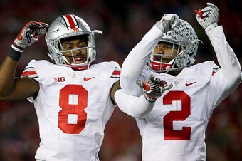 MADISON, WI - OCTOBER 15:  Gareon Conley #8 and Marshon Lattimore #2 of the Ohio State Buckeyes celebrate after Conley made an interception in the third quarter against the Wisconsin Badgers at Camp Randall Stadium on October 15, 2016 in Madison, Wisconsi