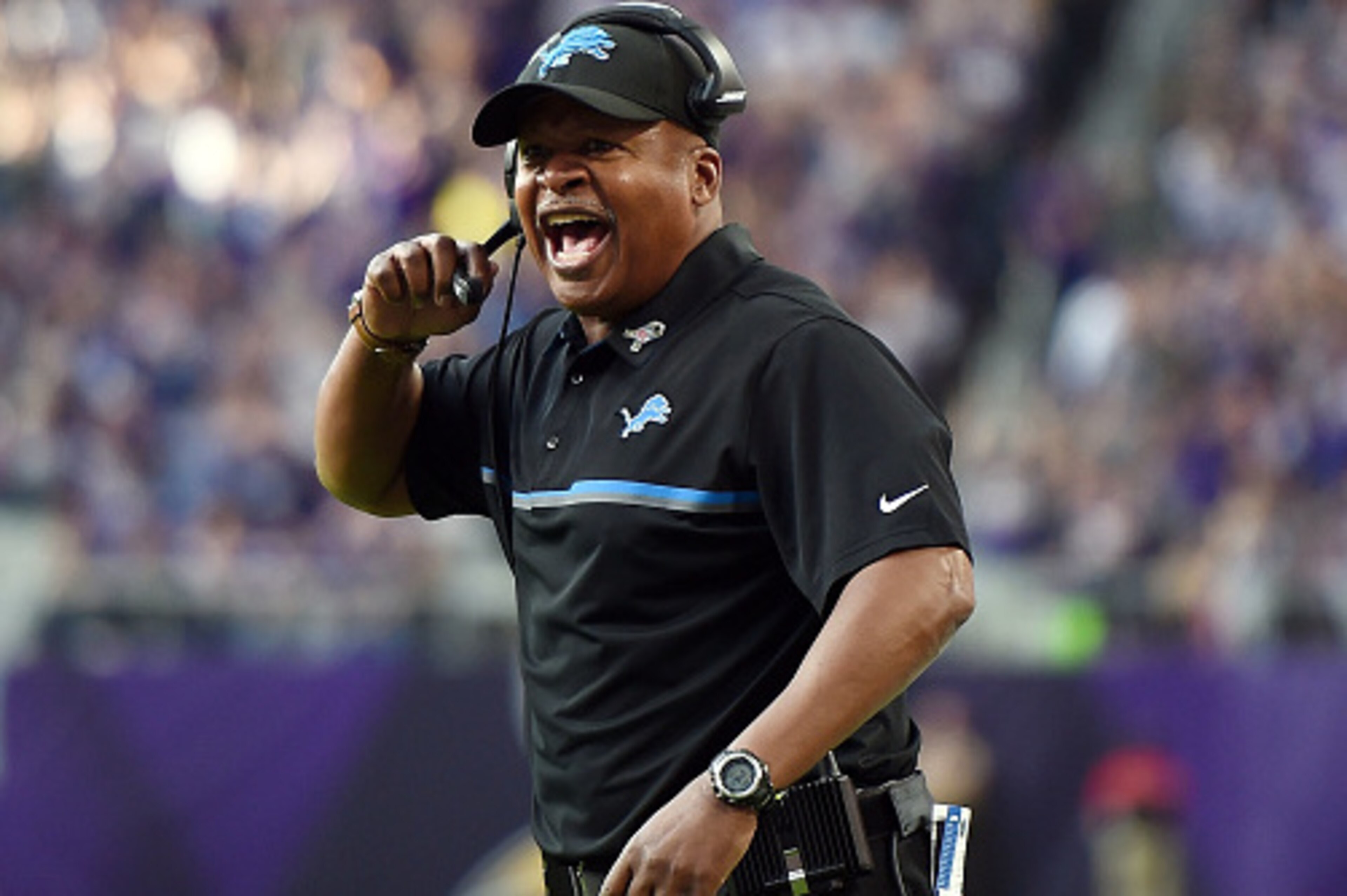 MINNEAPOLIS, MN - NOVEMBER 06:  Head coach Jim Caldwell of the Detroit Lions reacts to an officials call during a game against the Minnesota Vikings at U.S. Bank Stadium on November 6, 2016 in Minneapolis, Minnesota.  The Lions defeated the Vikings 22-16 