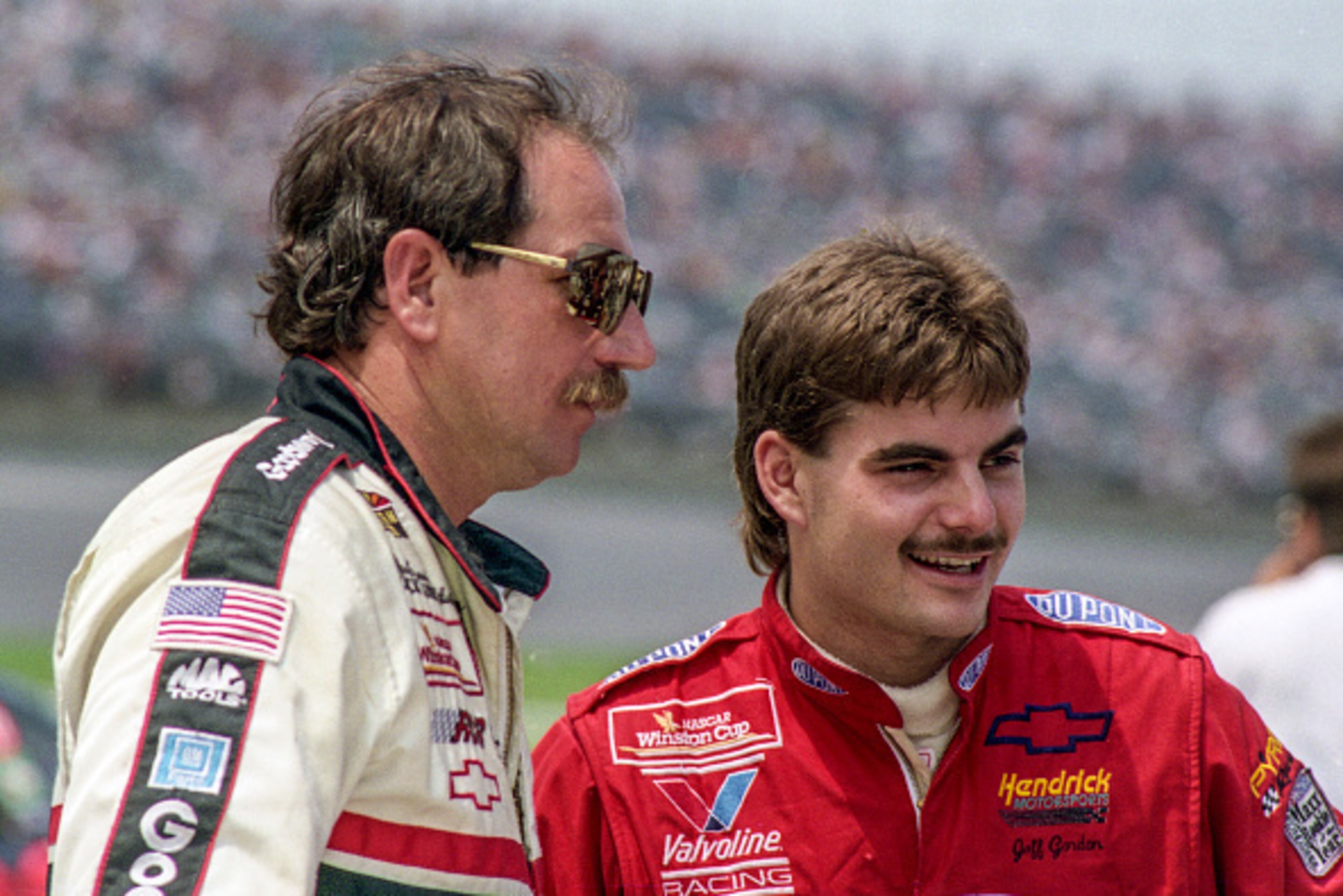 DAYTONA BEACH, FL - JULY 1993: Jeff Gordon (R) talks with Dale Earnhardt Sr. at Daytona International Speedway circa July 1993 in Daytona Beach, Florida. (Photo by Brian Cleary/Getty Images) DAYTONA BEACH, FL - JULY 1993: Jeff Gordon (R) talks with Dale Earnhardt Sr. at Daytona International Speedway circa July 1993 in Daytona Beach, Florida. (Photo by Brian Cleary/Getty Images)
