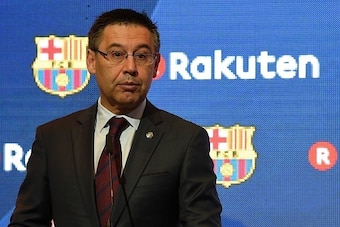 Barcelona's president Josep Maria Bartomeu delivers a speech after signing an agreement between FC Barcelona and its new sponsor Rakuten Inc., at Camp Nou stadium in Barcelona on November 16, 2016.
Japanese online retailer Rakuten will be Barcelona's main