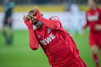 MOENCHENGLADBACH, GERMANY - NOVEMBER 19: Forward Anthony Modeste (27) of 1.FC Koeln celebrating his goal (1:1) during the 1. Bundesliga match between Borussia Moenchengladbach and 1. FC Koeln at the Borussia-Park on November 19, 2016 in Moenchengladbach, 