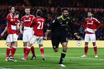 MIDDLESBROUGH, ENGLAND - NOVEMBER 20:  Diego Costa of Chelsea celebrates scoring the opening goal during the Premier League match between Middlesbrough and Chelsea at Riverside Stadium on November 20, 2016 in Middlesbrough, England.  (Photo by Jan Kruger/