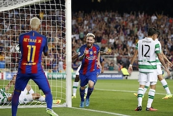 (L-R) Neymar of FC Barcelona, Lionel Messi of FC Barcelona, Cristian Gamboa of Celtic FC during the UEFA Champions League group C match between FC Barcelona and Celtic on September 13, 2016 at the Camp Nou stadium in Barcelona, Spain.(Photo by VI Images v