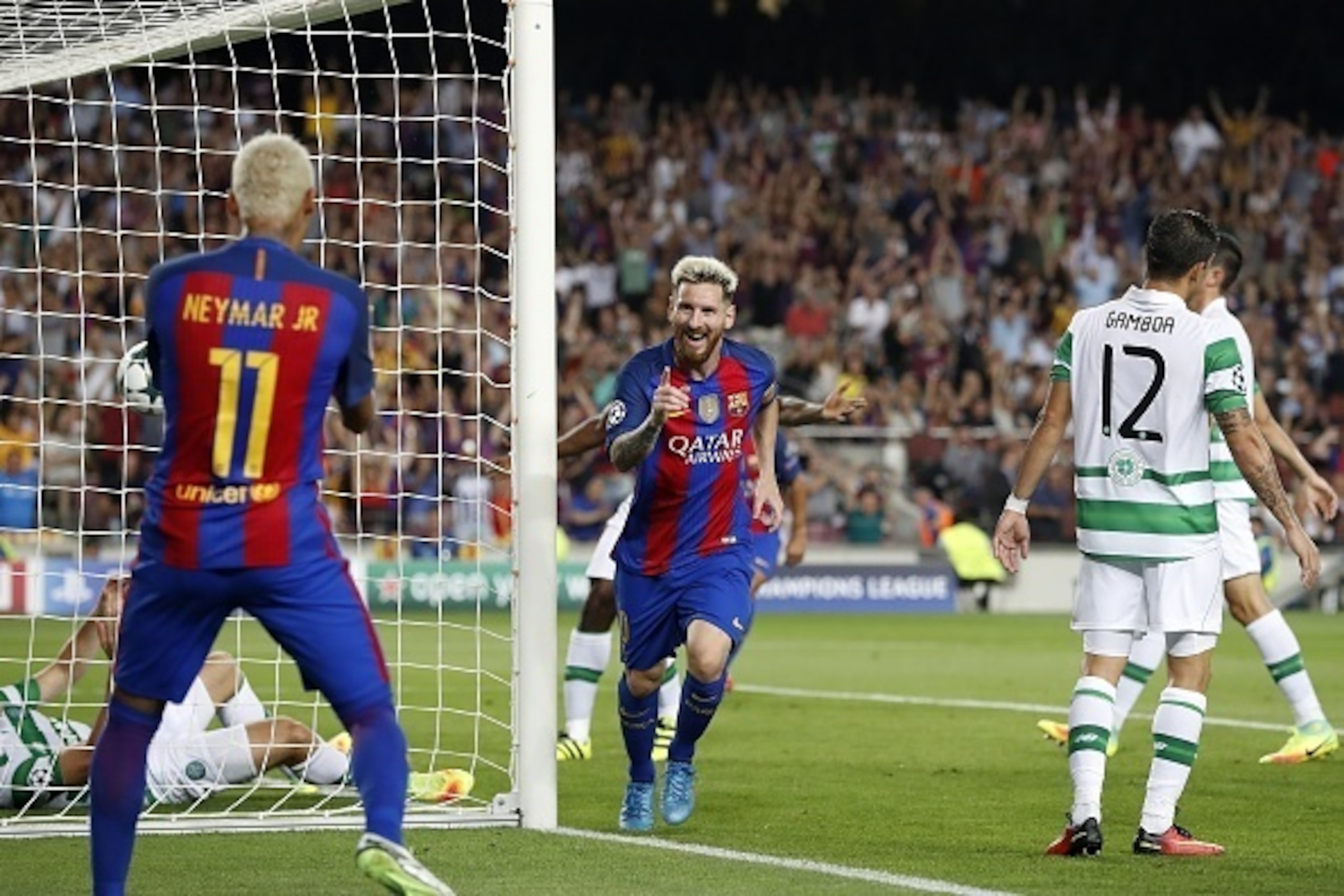 (L-R) Neymar of FC Barcelona, Lionel Messi of FC Barcelona, Cristian Gamboa of Celtic FC during the UEFA Champions League group C match between FC Barcelona and Celtic on September 13, 2016 at the Camp Nou stadium in Barcelona, Spain.(Photo by VI Images v