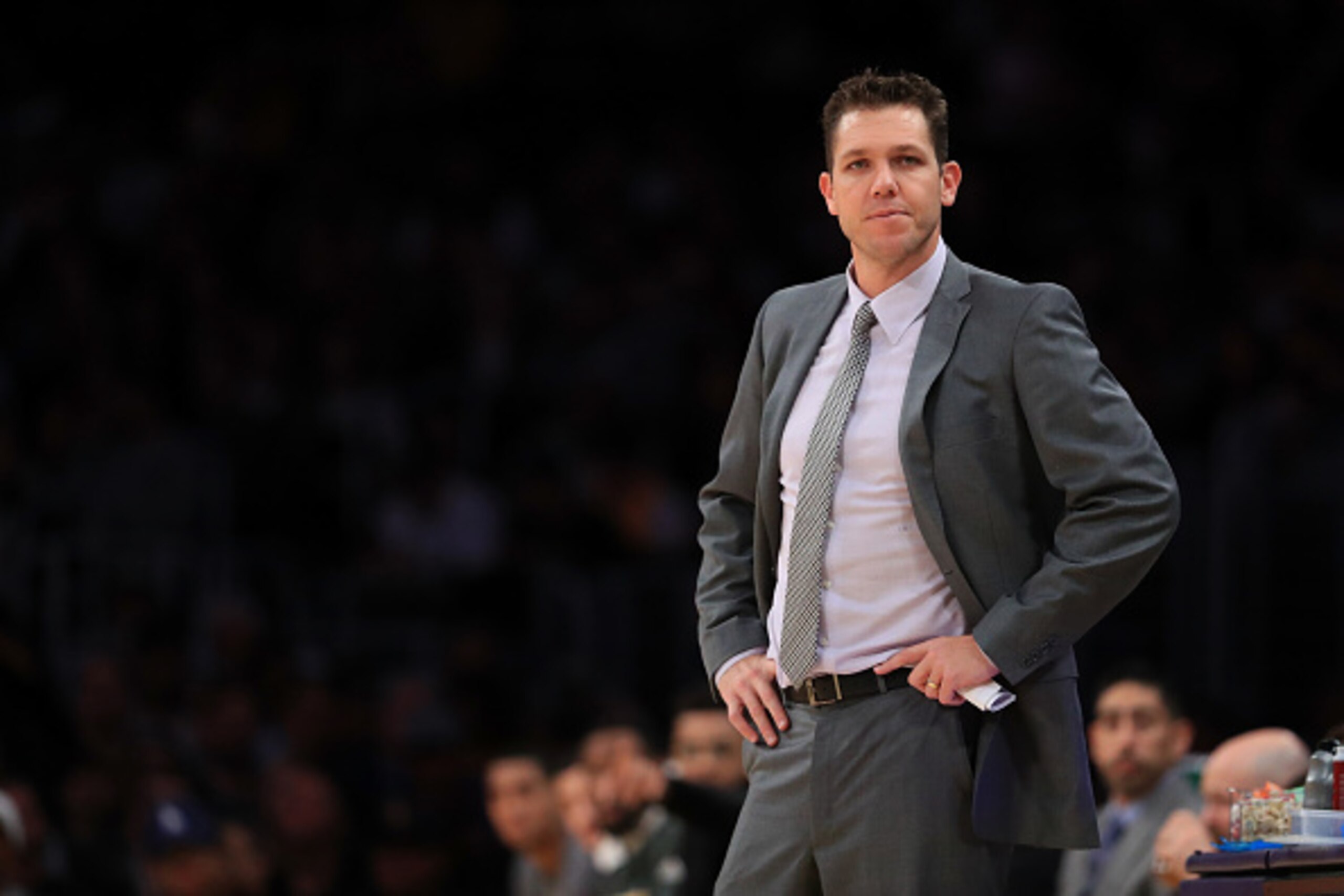LOS ANGELES, CA - NOVEMBER 18:  Head Coach Luke Walton of the Los Angeles Lakers  looks on during the second half of a game against the San Antonio Spurs at Staples Center on November 18, 2016 in Los Angeles, California. NOTE TO USER: User expressly ackno
