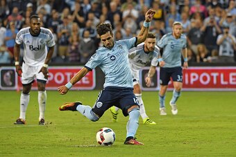 KANSAS CITY, KS - AUGUST 20:  Mid-fielder Benny Feilhaber #10 of Sporting Kansas City score a goal on a penalty kick against the Vancouver Whitecaps FC during the second half on August 20, 2016 at Children's Mercy Park in Kansas City, Kansas.  Sporting Ka