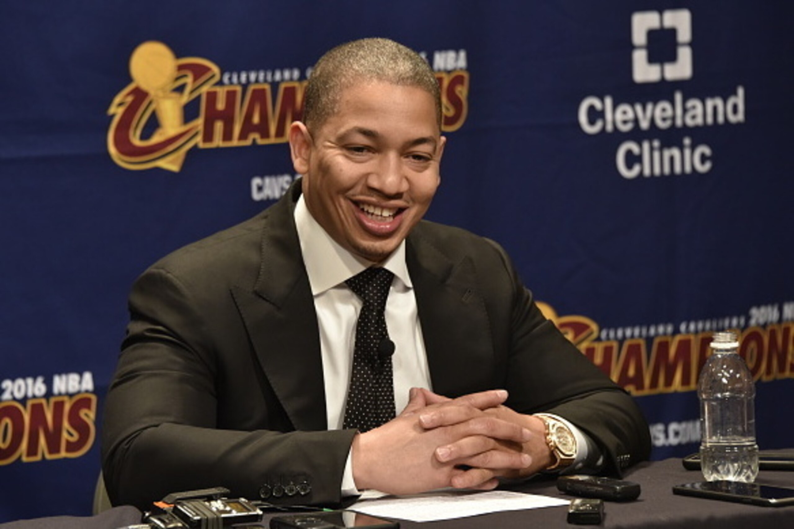 CLEVELAND, OH - OCTOBER 25:  Tyronn Lue of the Cleveland Cavaliers talks to the media during a press conference after the game against the New York Knicks on October 25, 2016 at Quicken Loans Arena in Cleveland, Ohio. NOTE TO USER: User expressly acknowle