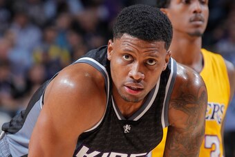 SACRAMENTO, CA - NOVEMBER 10: Rudy Gay #8 of the Sacramento Kings looks on during the game against the Los Angeles Lakers on November 10, 2016 at Golden 1 Center in Sacramento, California. NOTE TO USER: User expressly acknowledges and agrees that, by down