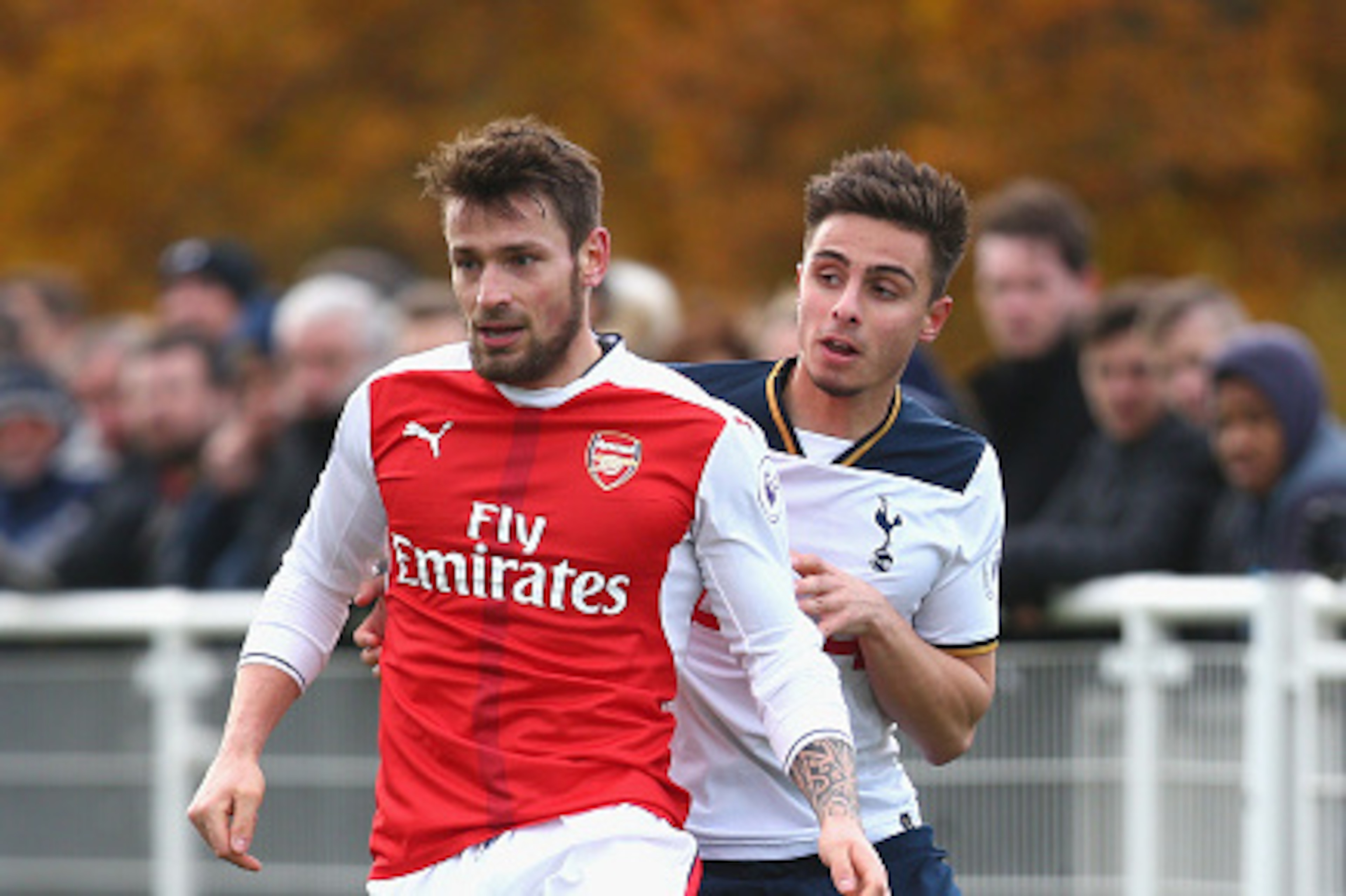 ENFIELD, ENGLAND - NOVEMBER 18: Anthony Georgiou of Tottenham Hotspur closes down Mathieu Debuchy of Arsenal during the Premier League 2 match between Tottenham Hotspur and Arsenal at at Tottenham Hotspur Training Centre on November 18, 2016 in Enfield, ENFIELD, ENGLAND - NOVEMBER 18: Anthony Georgiou of Tottenham Hotspur closes down Mathieu Debuchy of Arsenal during the Premier League 2 match between Tottenham Hotspur and Arsenal at at Tottenham Hotspur Training Centre on November 18, 2016 in Enfield,