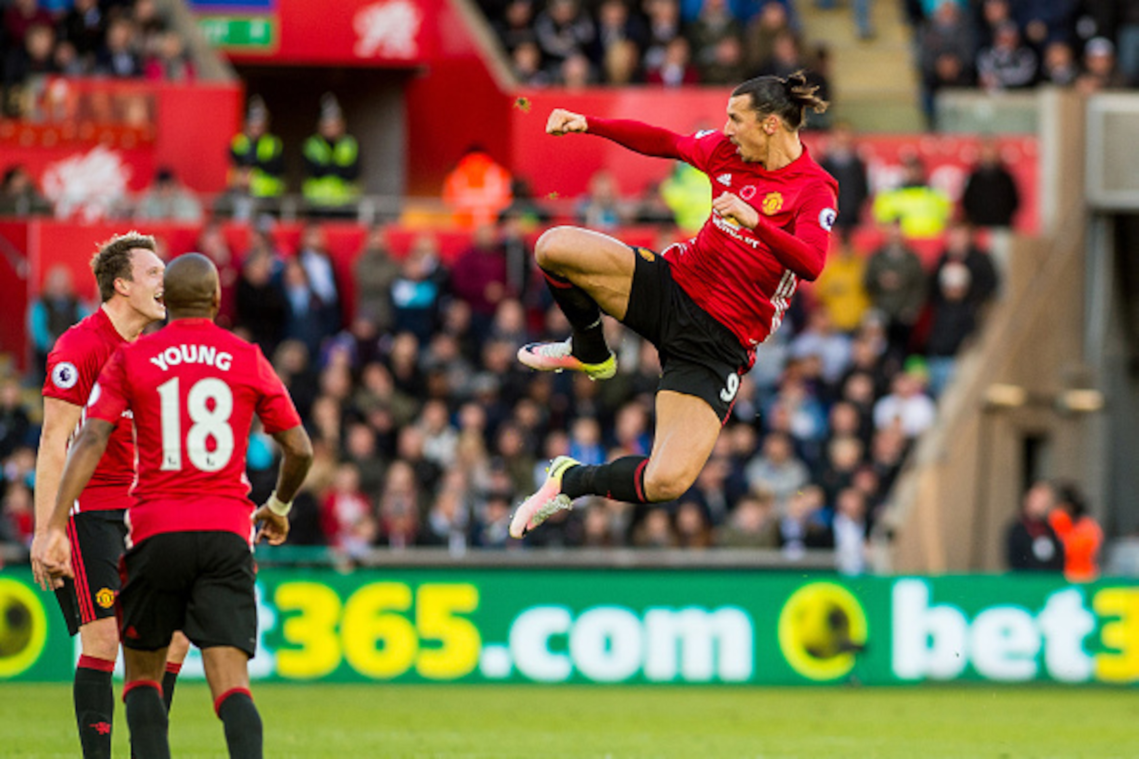 SWANSEA, WALES - NOVEMBER 06: Zlatan Ibrahimovic of Manchester United celebrates his goal during the Premier League match between Swansea City and Manchester United at The Liberty Stadium on November 06, 2016 in Swansea, Wales. (photo by Athena Pictures/G