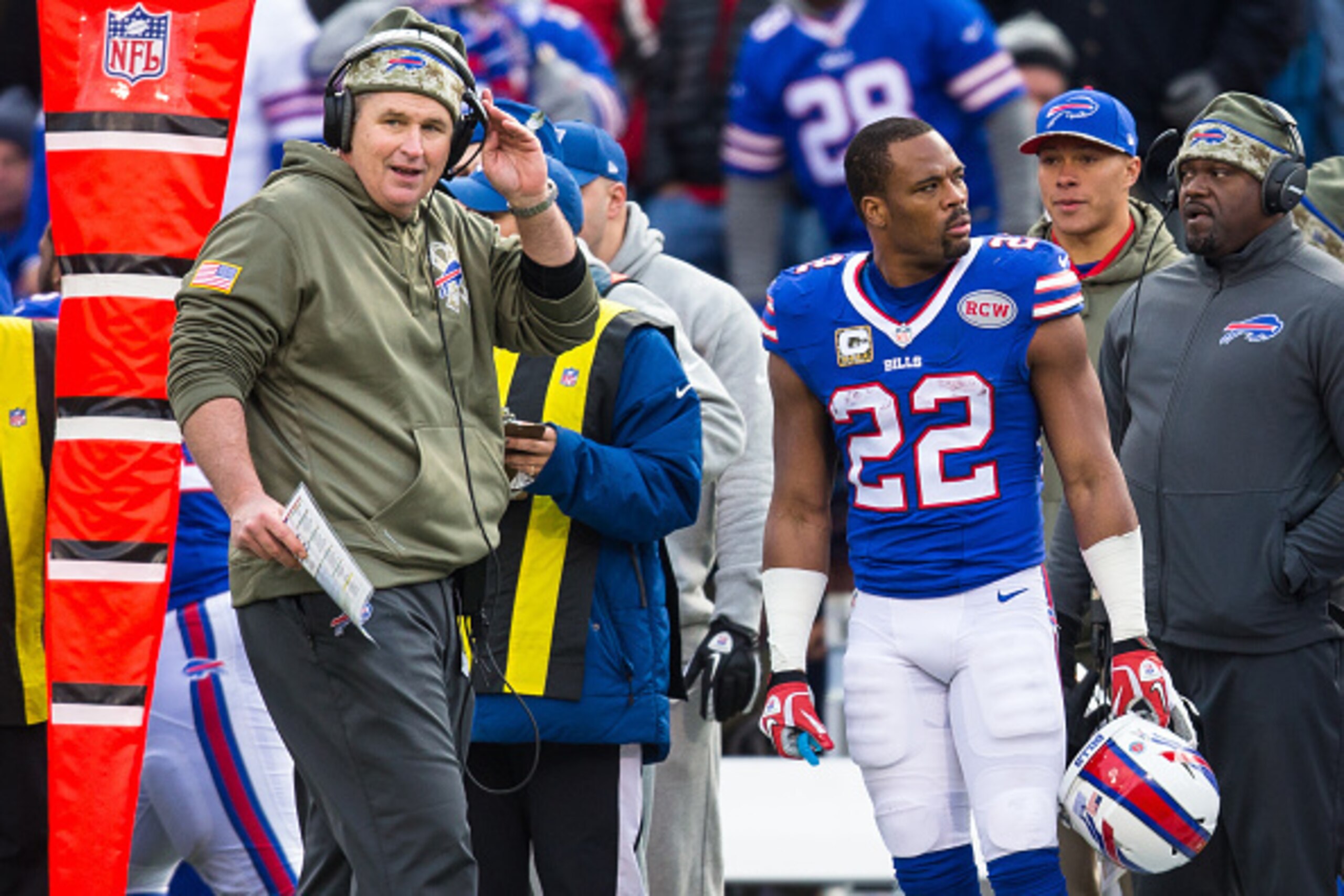 ORCHARD PARK, NY - NOVEMBER 09:  Head coach Doug Marrone of the Buffalo Bills reacts to a call as Fred Jackson #22 of the Buffalo Bills watches a replay during the game against the Kansas City Chiefs on November 9, 2014 at Ralph Wilson Stadium in Orchard 
