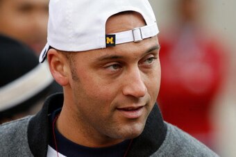 COLUMBUS, OH - NOVEMBER 18:  Derek Jeter of the New York Yankees watches from the sideline as the Ohio State Buckeyes play the Michigan Wolverines November 18, 2006 at Ohio Stadium in Columbus, Ohio.  (Photo by Gregory Shamus/Getty Images)