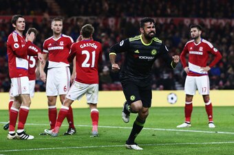 MIDDLESBROUGH, ENGLAND - NOVEMBER 20:  Diego Costa of Chelsea celebrates scoring the opening goal during the Premier League match between Middlesbrough and Chelsea at Riverside Stadium on November 20, 2016 in Middlesbrough, England.  (Photo by Jan Kruger/