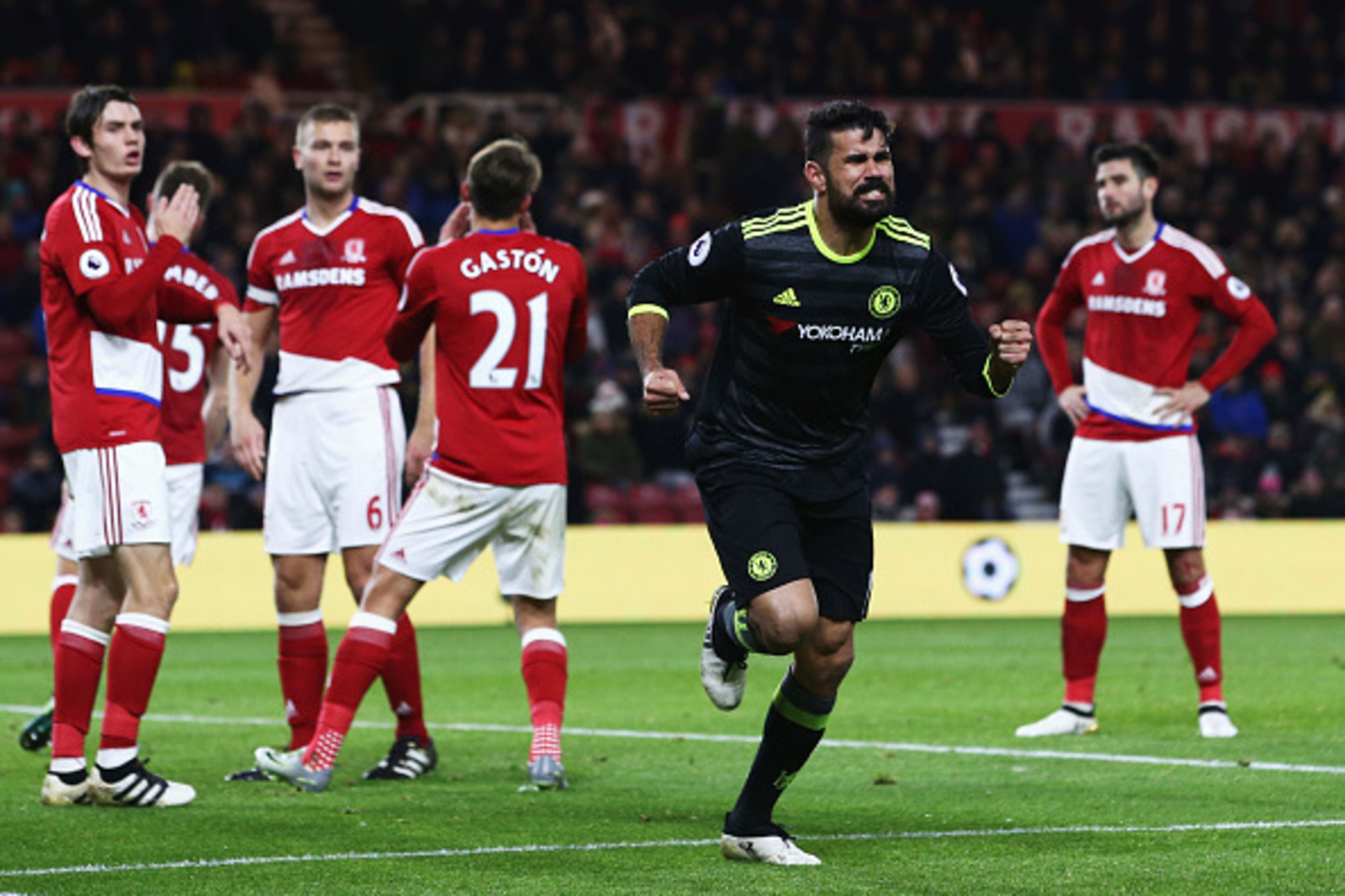MIDDLESBROUGH, ENGLAND - NOVEMBER 20: Diego Costa of Chelsea celebrates scoring the opening goal during the Premier League match between Middlesbrough and Chelsea at Riverside Stadium on November 20, 2016 in Middlesbrough, England. (Photo by Jan Kruger/ MIDDLESBROUGH, ENGLAND - NOVEMBER 20: Diego Costa of Chelsea celebrates scoring the opening goal during the Premier League match between Middlesbrough and Chelsea at Riverside Stadium on November 20, 2016 in Middlesbrough, England. (Photo by Jan Kruger/