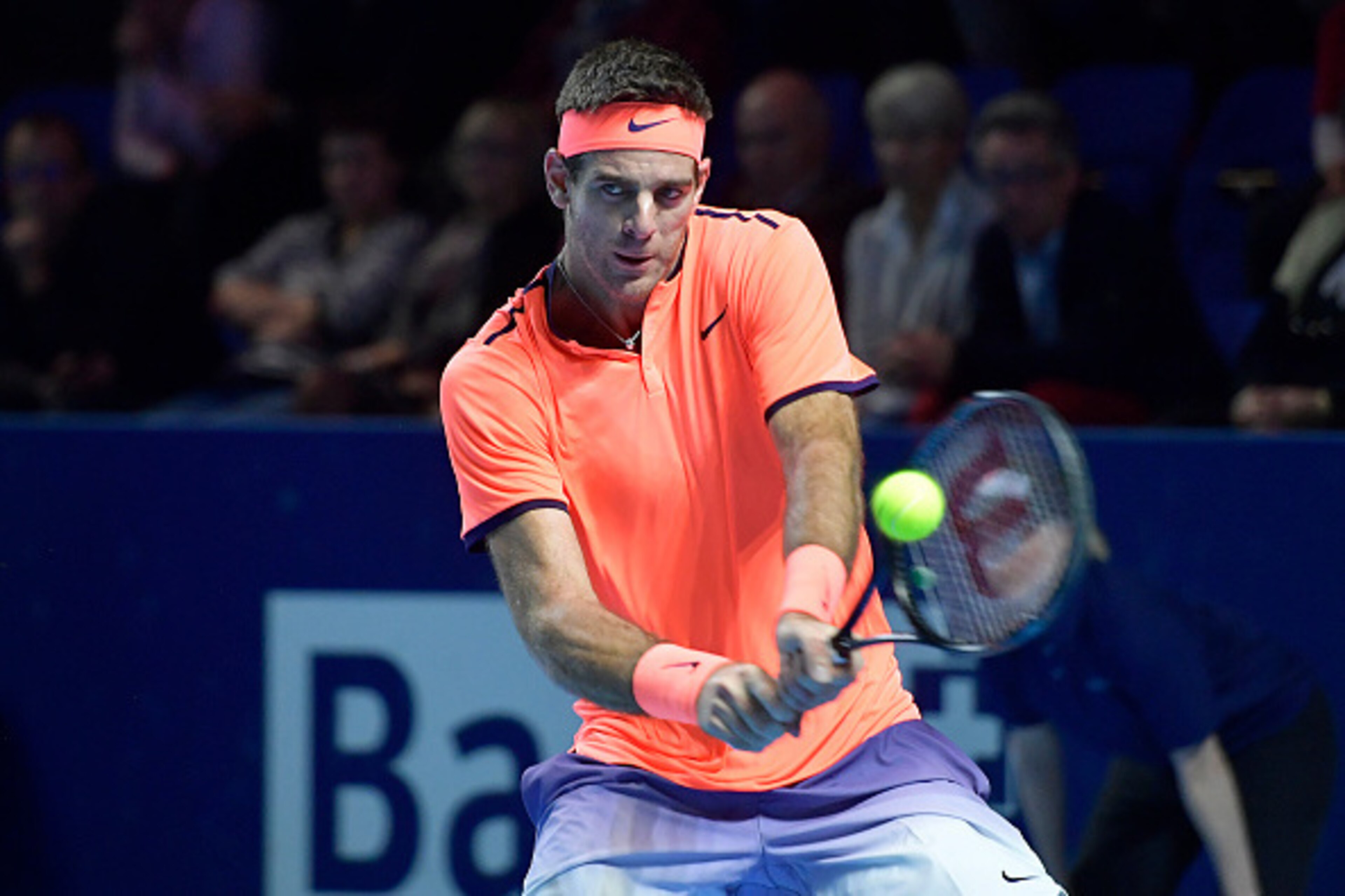 BASEL, SWITZERLAND - OCTOBER 28:  Juan Martin Del Potro of Argentina in action during the Swiss Indoors ATP 500 tennis tournament match against Kei Nishikori of Japan at St Jakobshalle on October 28, 2016 in Basel, Switzerland.  (Photo by Harold Cunningha