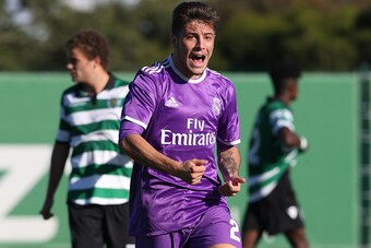 ALCOCHETE, PORTUGAL - NOVEMBER 22: Real Madrid's forward Franchu celebrates after scoring a goal during the UEFA Youth Champions League match between Sporting Clube de Portugal and Real Madrid CF at Academia Sporting on November 22, 2016 in Alcochete, Por