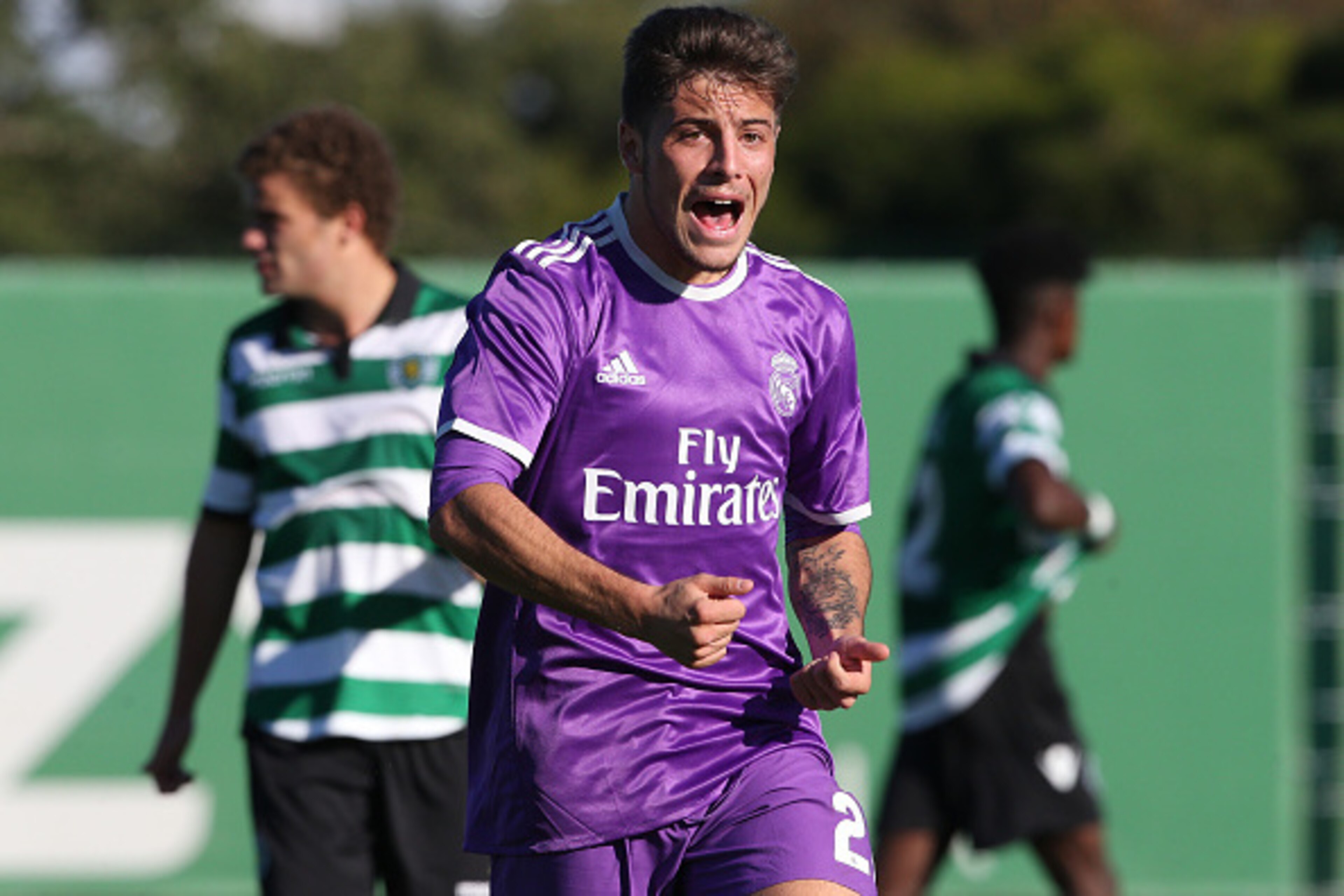 ALCOCHETE, PORTUGAL - NOVEMBER 22: Real Madrid's forward Franchu celebrates after scoring a goal during the UEFA Youth Champions League match between Sporting Clube de Portugal and Real Madrid CF at Academia Sporting on November 22, 2016 in Alcochete, Por