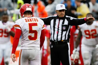 OAKLAND, CA - OCTOBER 16:  Cairo Santos #5 of the Kansas City Chiefs reacts after missing an extra point against the Oakland Raiders during their NFL game at Oakland-Alameda County Coliseum on October 16, 2016 in Oakland, California.  (Photo by Brian Bahr