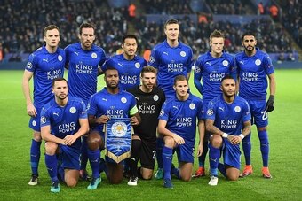 Back row L-R: Leicester City's Welsh midfielder Andy King, Leicester City's Austrian defender Christian Fuchs, Leicester City's Japanese striker Shinji Okazaki, Leicester City's German defender Robert Huth, Leicester City's English striker Jamie Vardy and