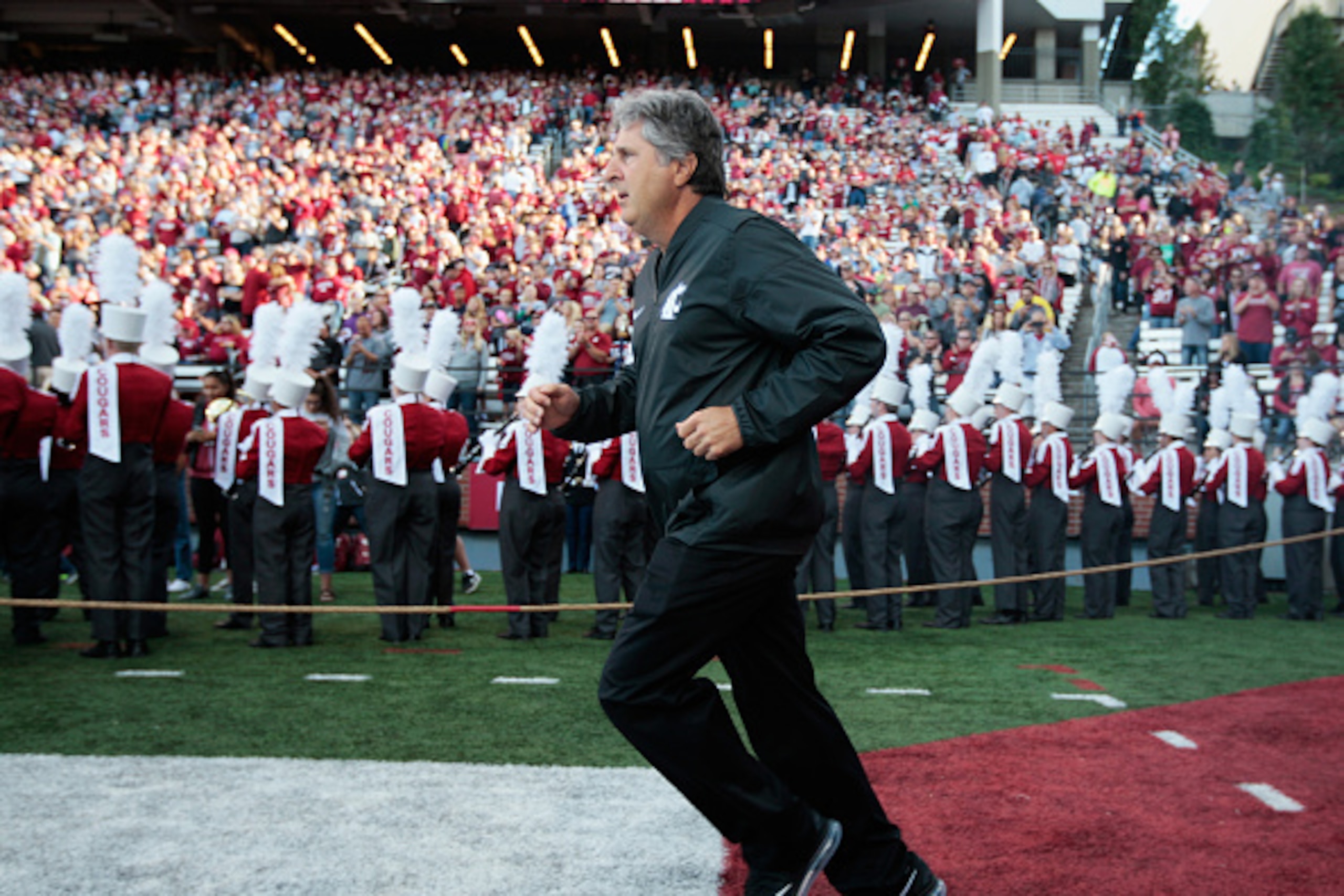 PULLMAN, WA - SEPTEMBER 03:  Head coach Mike Leach of the Washington State Cougars takes the field  prior to the start of the game against the Eastern Washington Eagles at Martin Stadium on September 3, 2016 in Pullman, Washington.  Eastern Washington def
