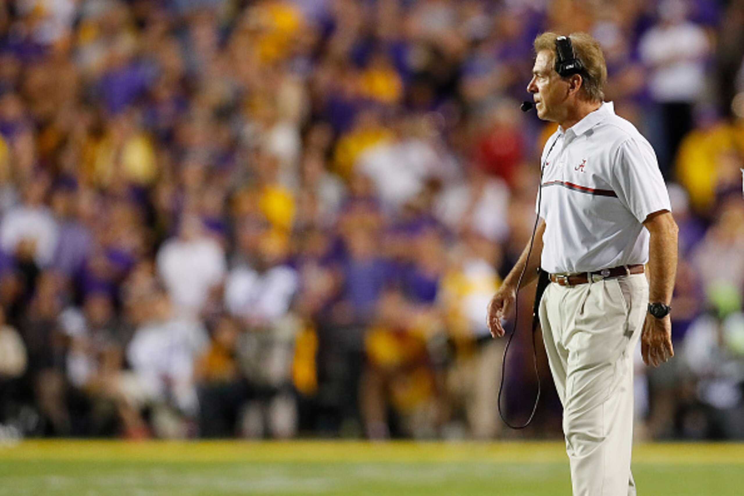 BATON ROUGE, LA - NOVEMBER 05:  Head coach Nick Saban of the Alabama Crimson Tide looks on during the game against the LSU Tigers at Tiger Stadium on November 5, 2016 in Baton Rouge, Louisiana.  (Photo by Kevin C. Cox/Getty Images)