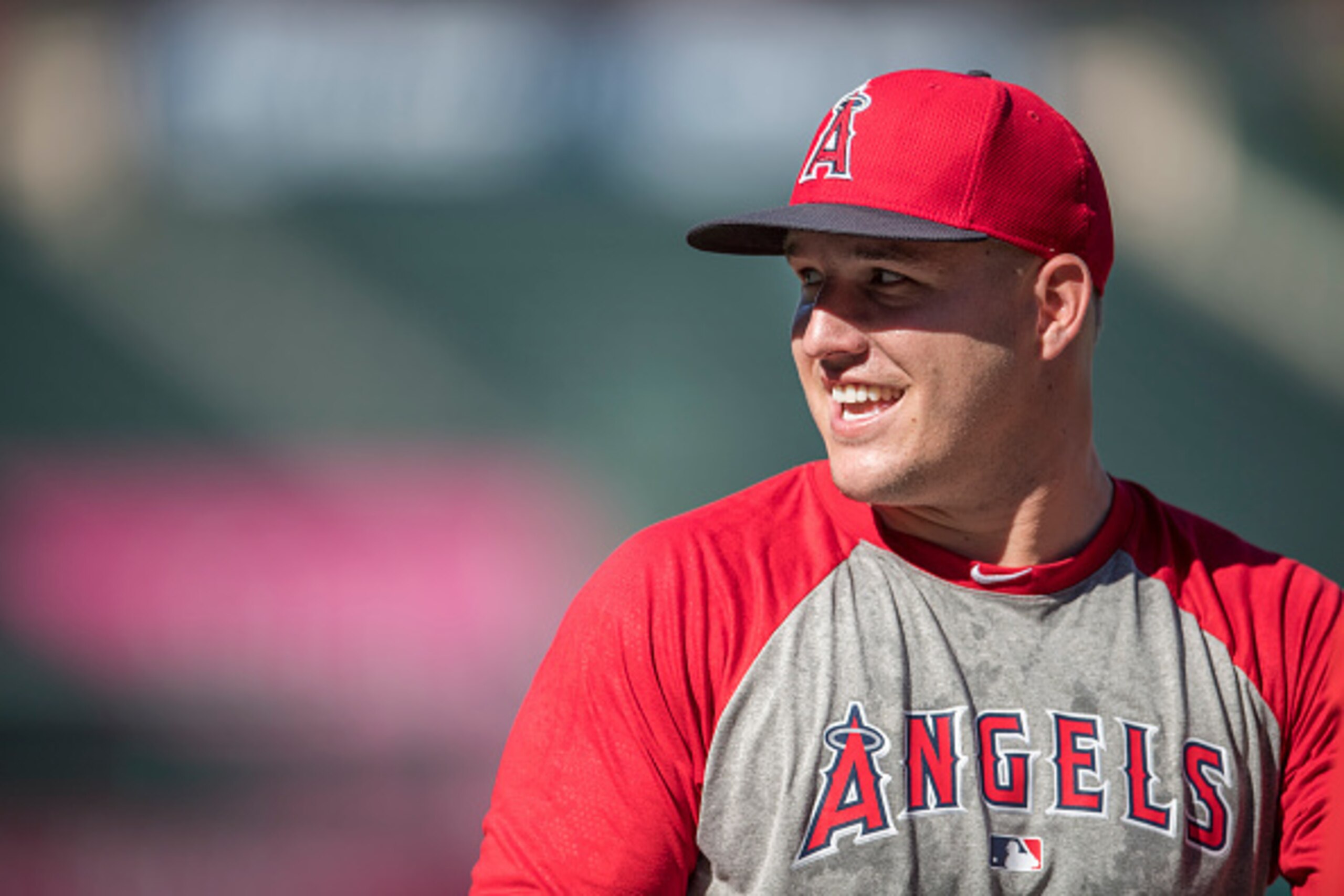 ANAHEIM, CA - September 17: Mike Trout #27 of the Los Angeles Angels of Anaheim smiles during batting practice before the game against the Toronto Blue Jays at Angel Stadium of Anaheim on September 17, 2016 in Anaheim, California. (Photo by Matt Brown/Ang
