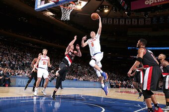 NEW YORK, NY - NOVEMBER 22:  Kristaps Porzingis #6 of the New York Knicks goes to the basket against the Portland Trail Blazers on November 22, 2016 at Madison Square Garden in New York City, New York.  NOTE TO USER: User expressly acknowledges and agrees