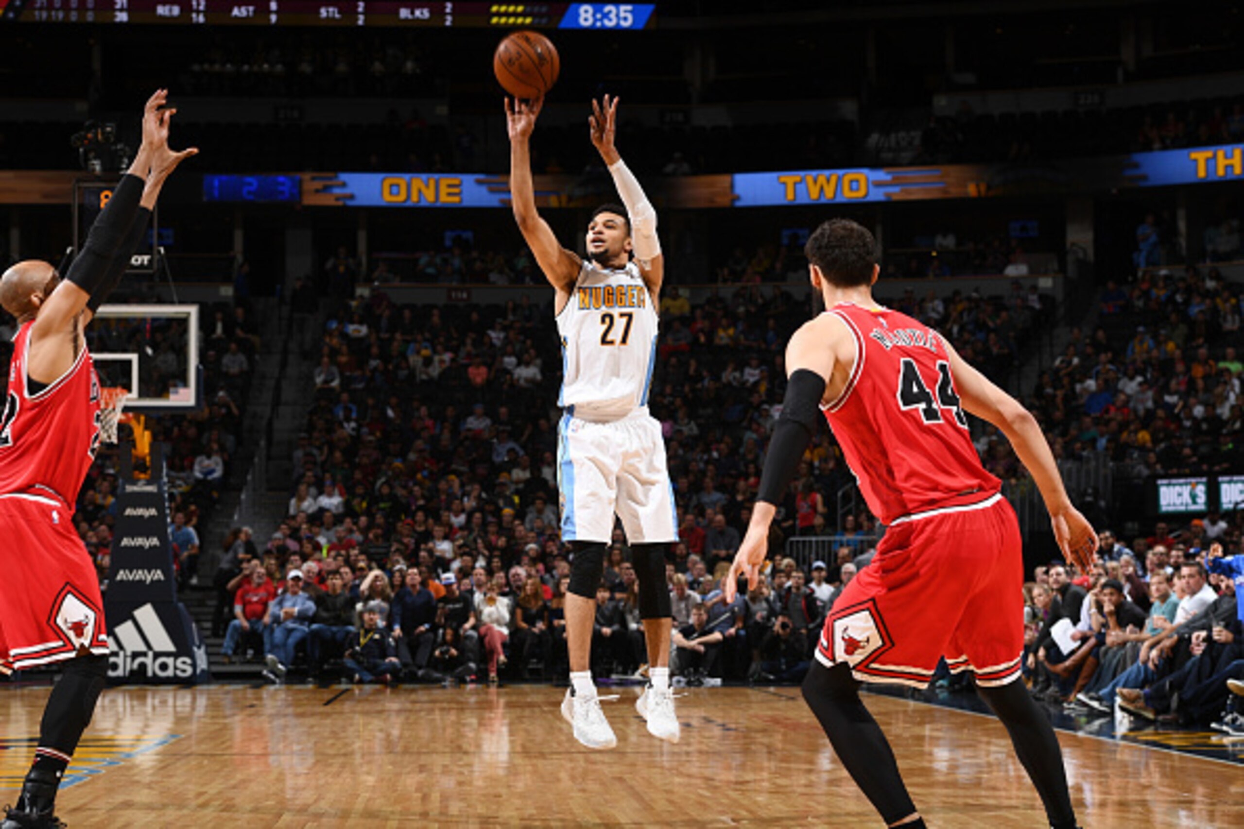 DENVER, CO - NOVEMBER 22:  Jamal Murray #27 of the Denver Nuggets shoots the ball against the Chicago Bulls during the game on November 22, 2016 at the Pepsi Center in Denver, Colorado. NOTE TO USER: User expressly acknowledges and agrees that, by downloa