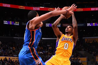 LOS ANGELES, CA - NOVEMBER 22:  Nick Young #0 of the Los Angeles Lakers shoots the ball against the Oklahoma City Thunder on November 22, 2016 at STAPLES Center in Los Angeles, California. NOTE TO USER: User expressly acknowledges and agrees that, by down