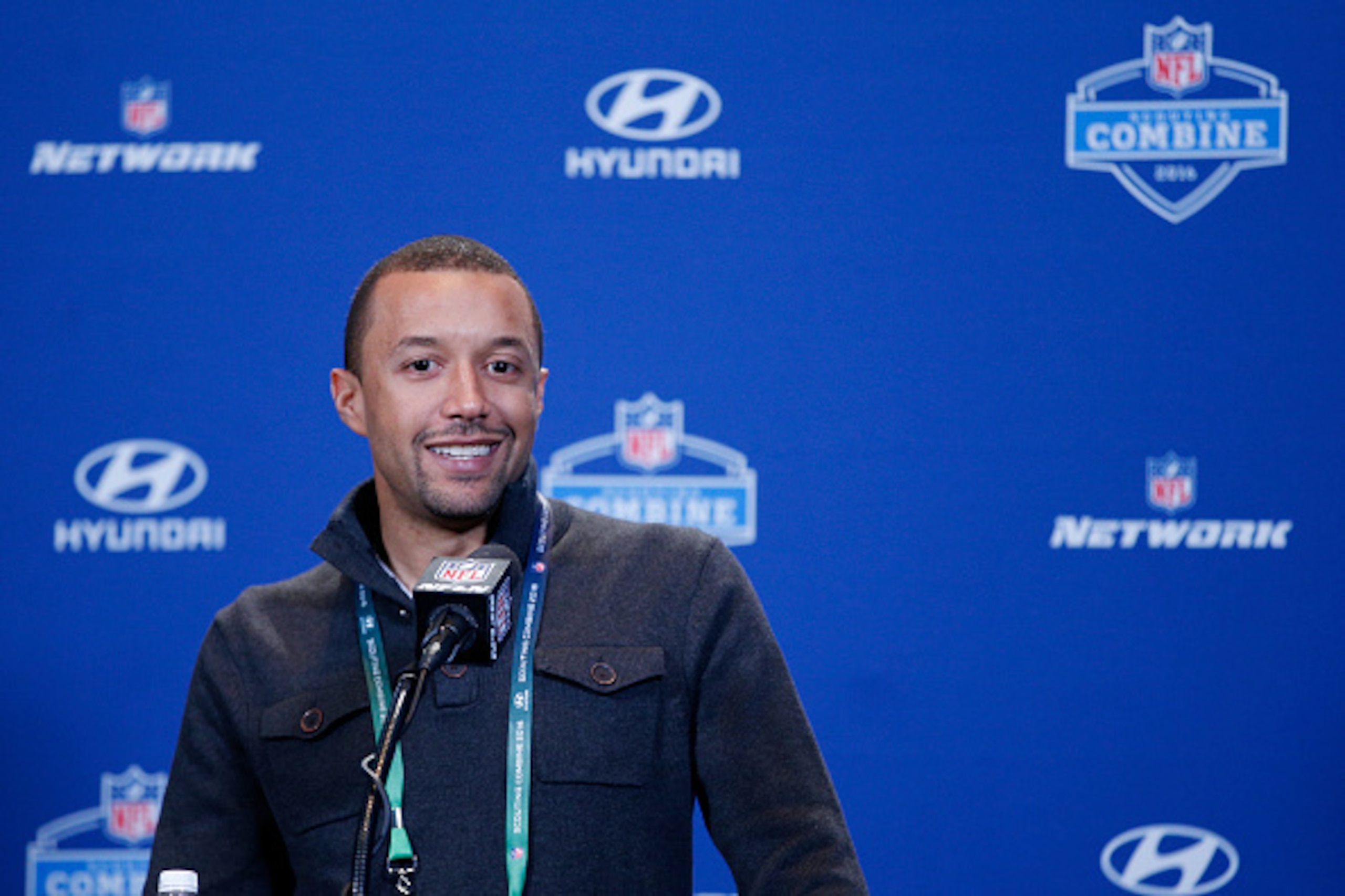 INDIANAPOLIS, IN - FEBRUARY 25: Cleveland Browns executive vice president of football operations Sashi Brown speaks to the media during the 2016 NFL Scouting Combine at Lucas Oil Stadium on February 25, 2016 in Indianapolis, Indiana. (Photo by Joe Robbins