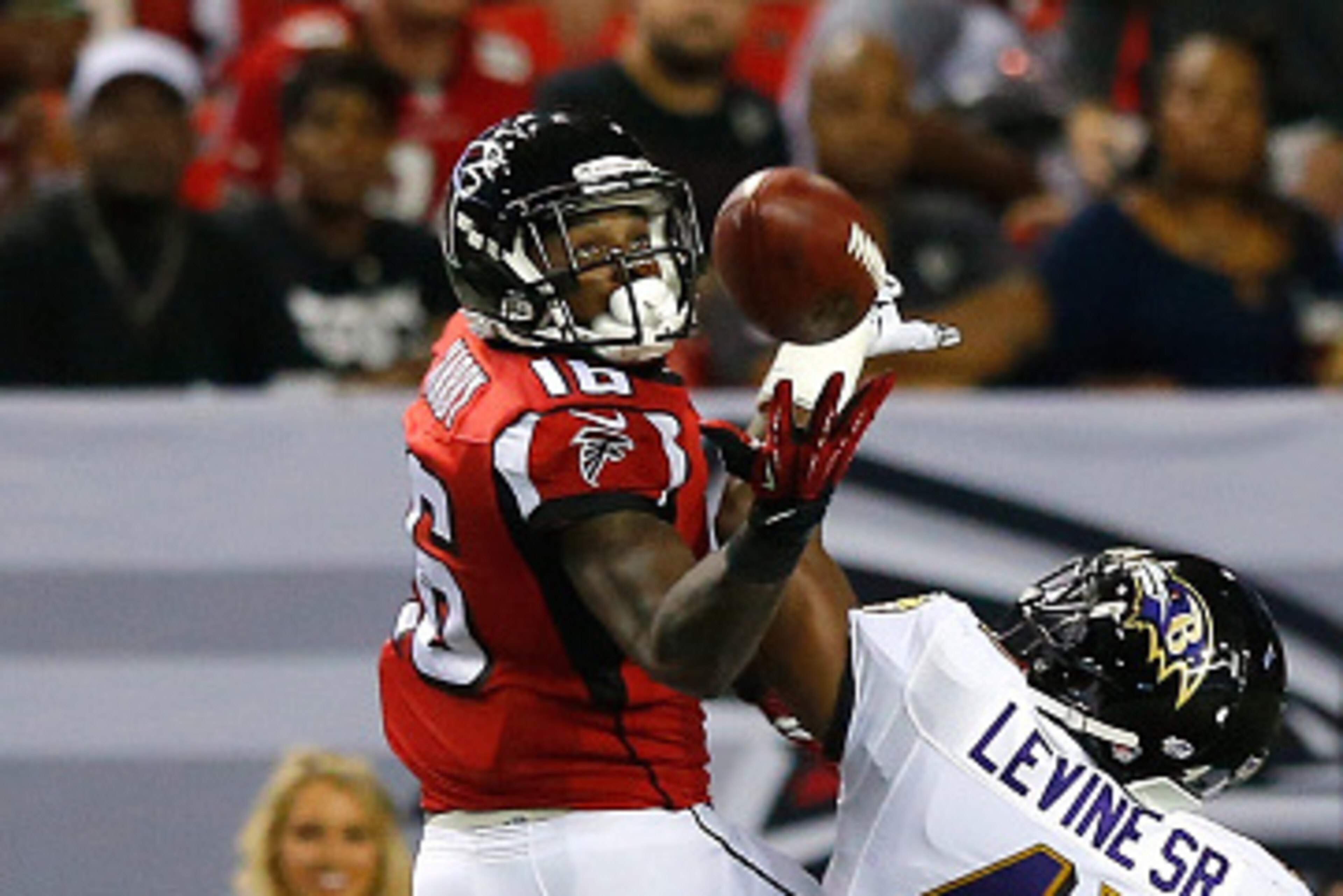 ATLANTA, GA - SEPTEMBER 03:  Anthony Levine #41 of the Baltimore Ravens is called for pass interference as Justin Hardy #16 of the Atlanta Falcons fails to pull in this reception at Georgia Dome on September 3, 2015 in Atlanta, Georgia.  (Photo by Kevin C